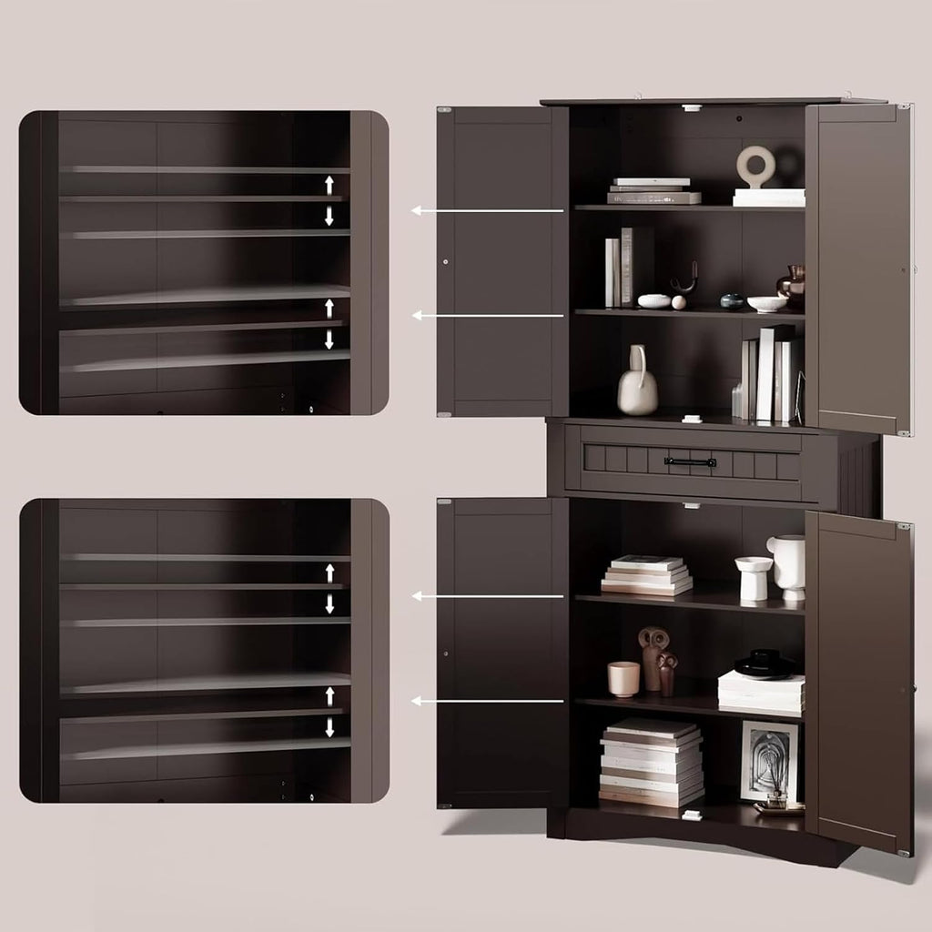 Gizoon 71'' Kitchen Pantry Storage Cabinet, Freestanding Pantry Organizers and Storage Cabinet with 4 Doors and 4 Adjustable Shelves, Tall Cabinet with Large Drawer for Kitchen, Living Room, Bathroom