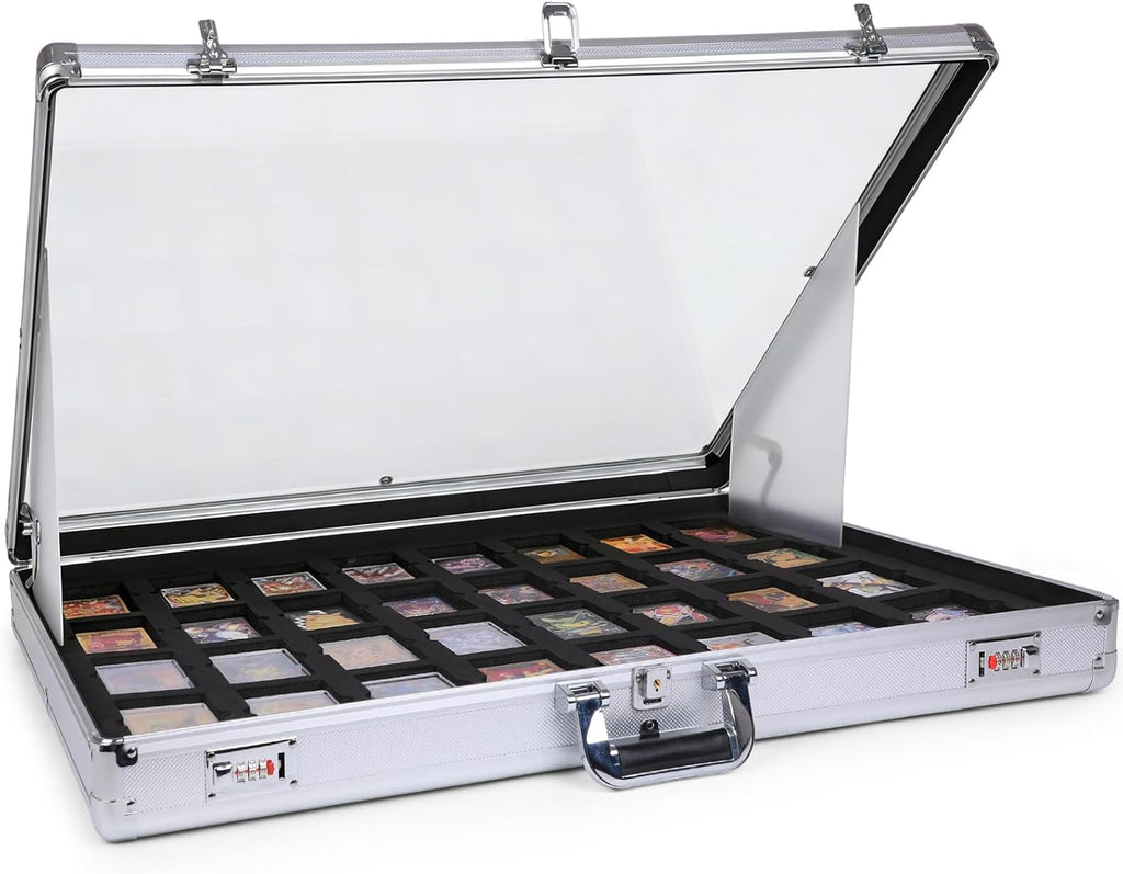 Upgraded 34' x 22' Card Display Case, Trading Card Display Case with Aluminum Frame & Acrylic Side Panels, Dual Security with Combination & Key Lock, Perfect for Trade Shows & Card Display(Sliver)