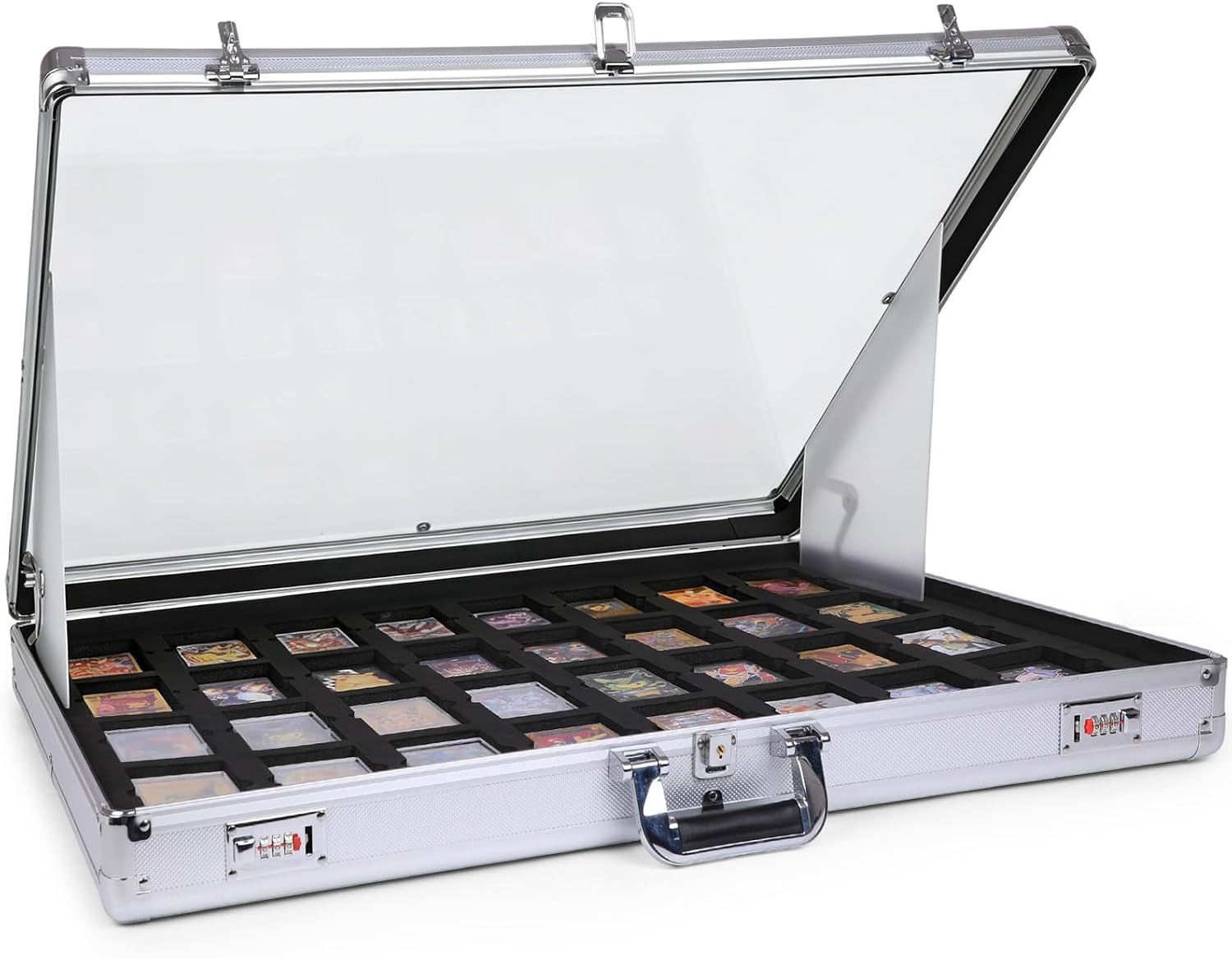 Upgraded 34' x 22' Card Display Case, Trading Card Display Case with Aluminum Frame & Acrylic Side Panels, Dual Security with Combination & Key Lock, Perfect for Trade Shows & Card Display(Sliver)