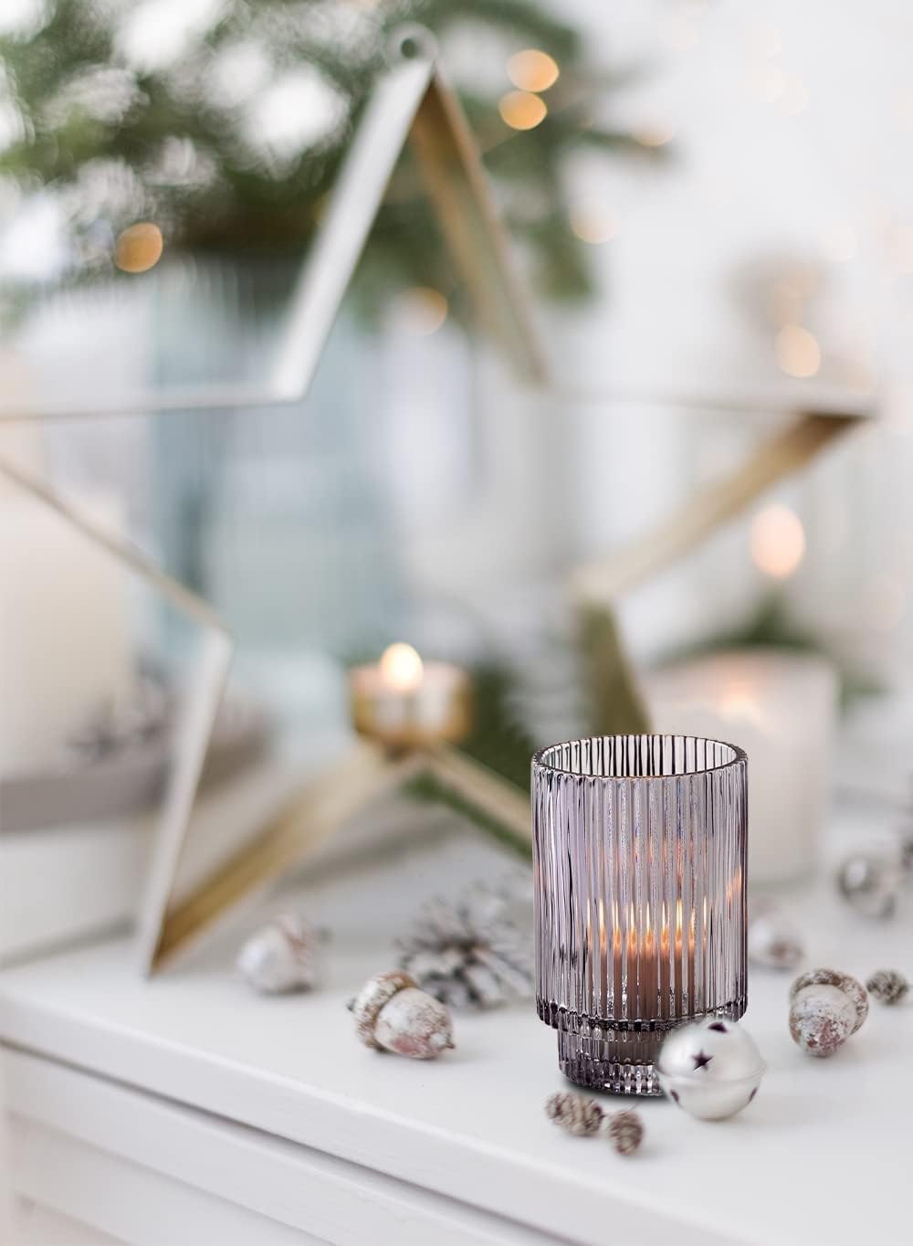 Serene Spaces Living 5in Smoke Ribbed Glass Votive Holder, Decorative Centerpiece for Wedding, Christmas, Thanksgiving, Dining Table, Living Room, Home Décor, 3.25' Diameter & 5' Tall, Pack of 24