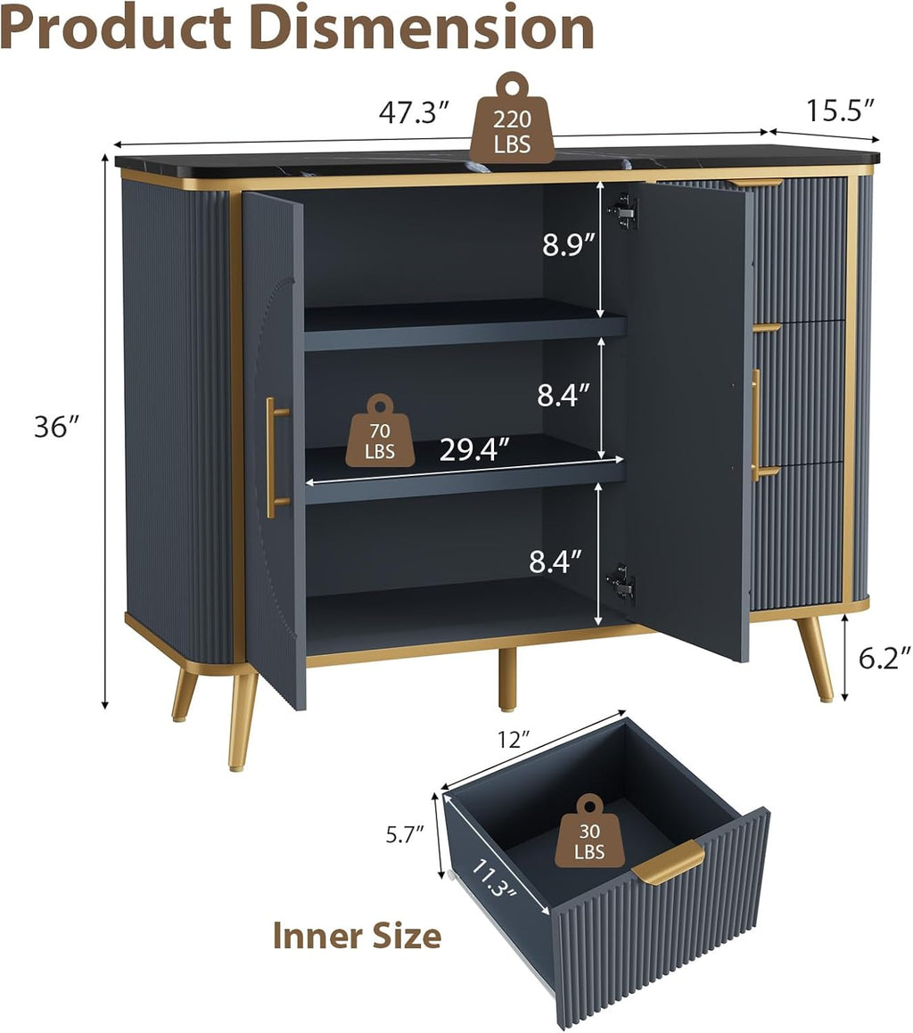 47.3' Modern Buffet Cabinet with Storage, Kitchen Sideboard Buffet with 2 Door & 3 Drawers, Fluted Caffee Bar Storage Cabinet for Dining Room, Living Room, Entryway, Navy Blue