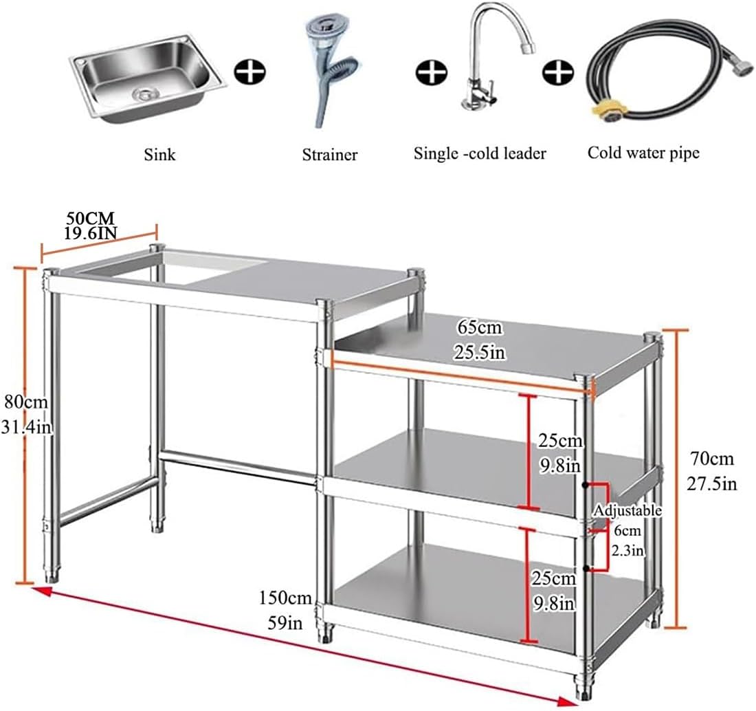 Stainless Steel Kitchen Prep Table with Sink, 3-Tier Multi-functional Washing Hand Basin Station, Utility Free-standing Work Table & Storage Shelves for Backyard BBQ, Garage, Garden