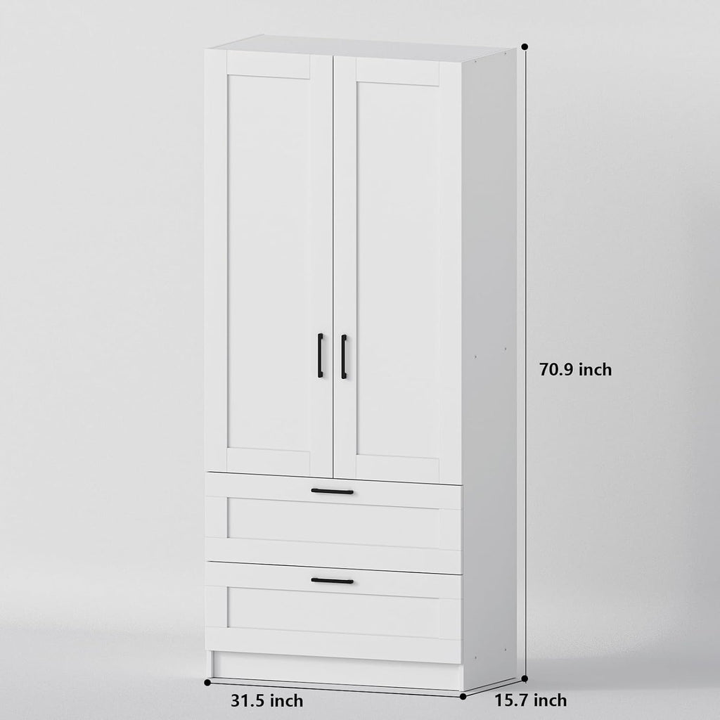 White Tall Kitchen Pantry Cabinet Organizers and Storage with Doors and Drawer and Adjustable Shelves，Wood Large Gabinetes Para Cocina Office Bookshelf for Laundry Room Cabinets (31.5'W*15.7'D*71'H)