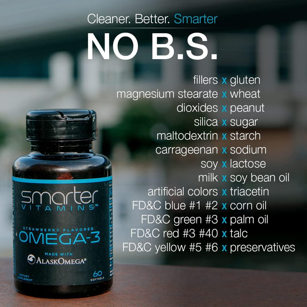 (5 Pack) Smarter Omega 3 Fish Oil, Berry Flavor, Burpless, Tasteless, 2000mg, Potent Triple Strength DHA EPA Brain Omega-3, Made with AlaskOmega®
