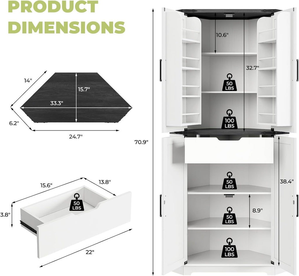 Dripex 71' White Farmhouse Corner Pantry Cabinet with LED Light, Tall Storage Cabinet with Doors & Adjustable Shelves, Food Pantry for Kitchen, Living Room, Dining Room