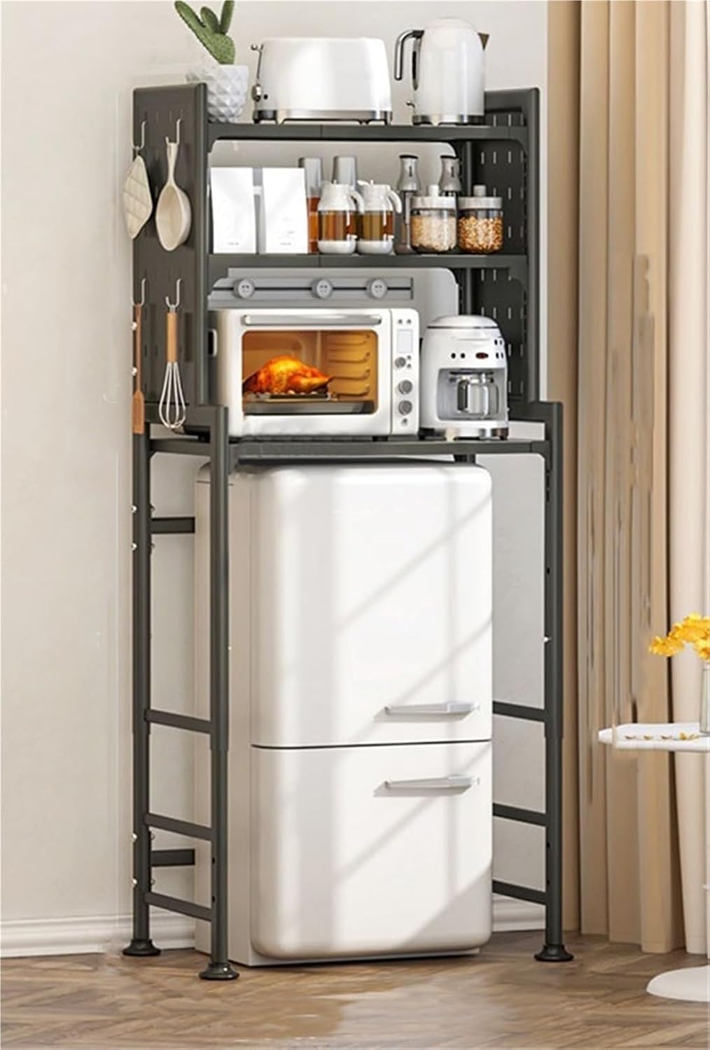 Mini Fridge Stand Storage Refrigerator Shelf 3 Tier Expandable Adjustable Height Microwave Stand Shelf Kitchen Bakers Rack for Refrigerators Below 1.2m(Black)