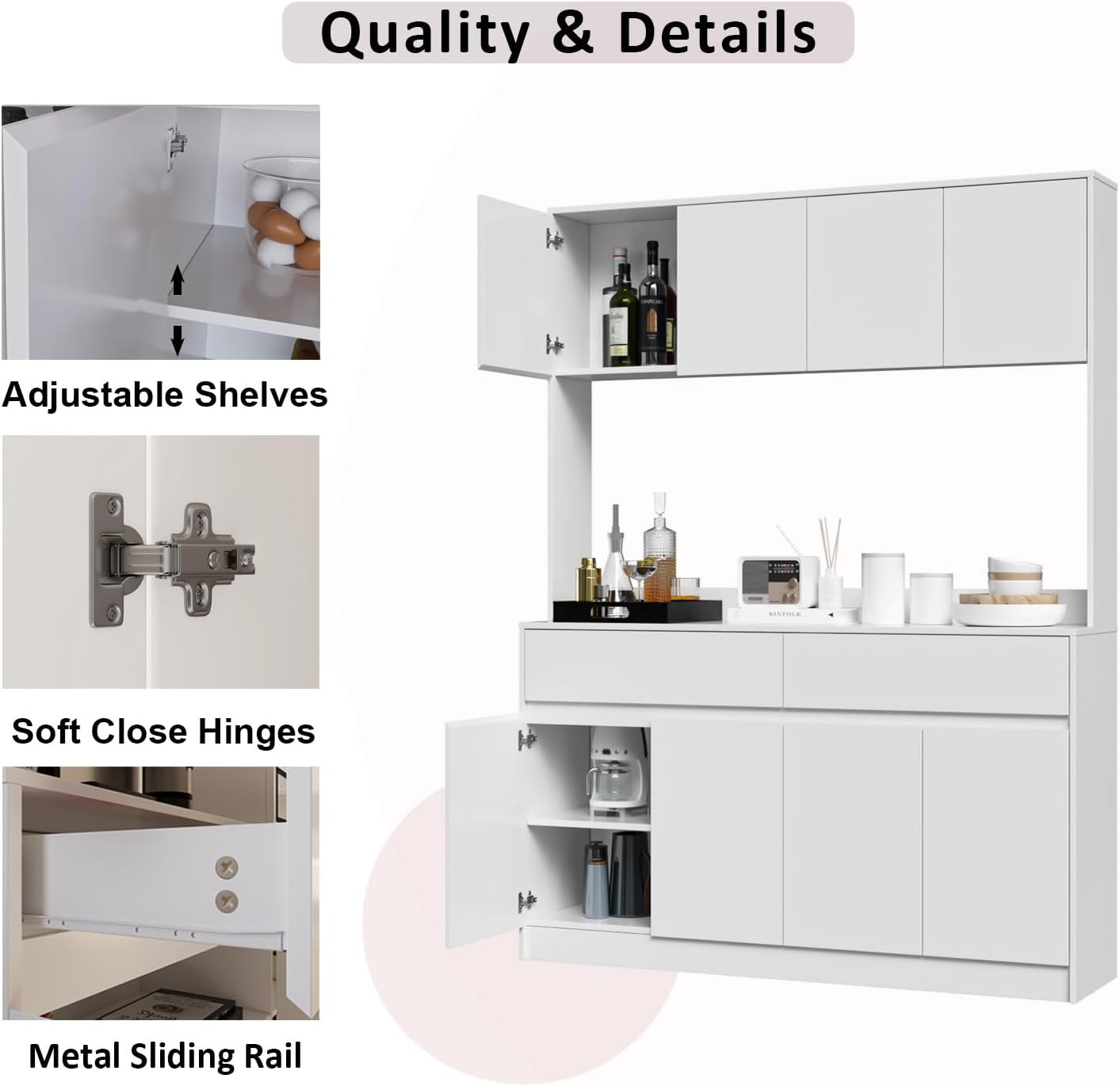 Mekminop Kitchen Hutch Storage Cabinet, 63' W Large Pantry Cabinets with Microwave Oven Countertop, Freestanding Kitchen Pantry Storage Cabinet with 4 Doors, 2 Drawers and 7 Shelves, White
