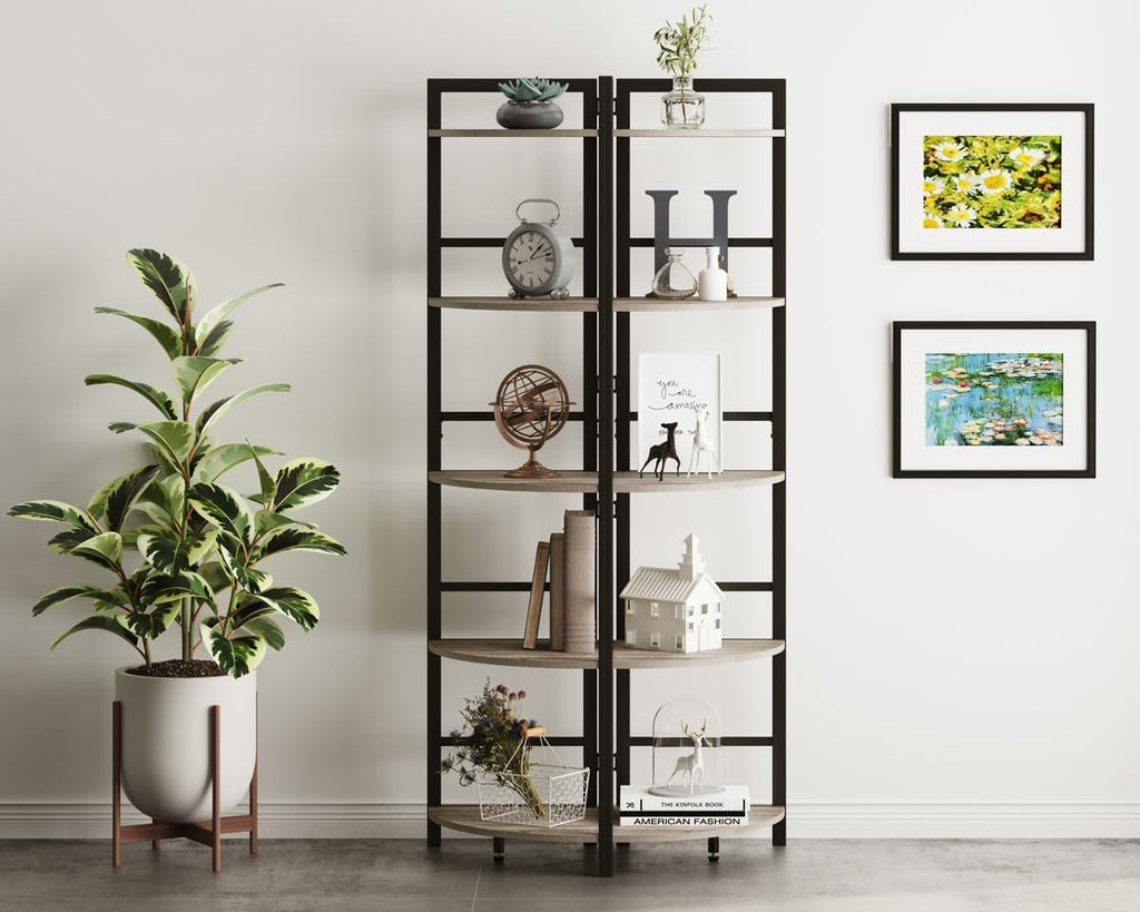 BON AUGURE Rustic Corner Shelf Stand, Tall Industrial Corner Bookshelf, Wood Metal 5 Tier Bookcase Shelves, Display Shelving Unit for Kitchen, Living Room (Dark Grey Oak)