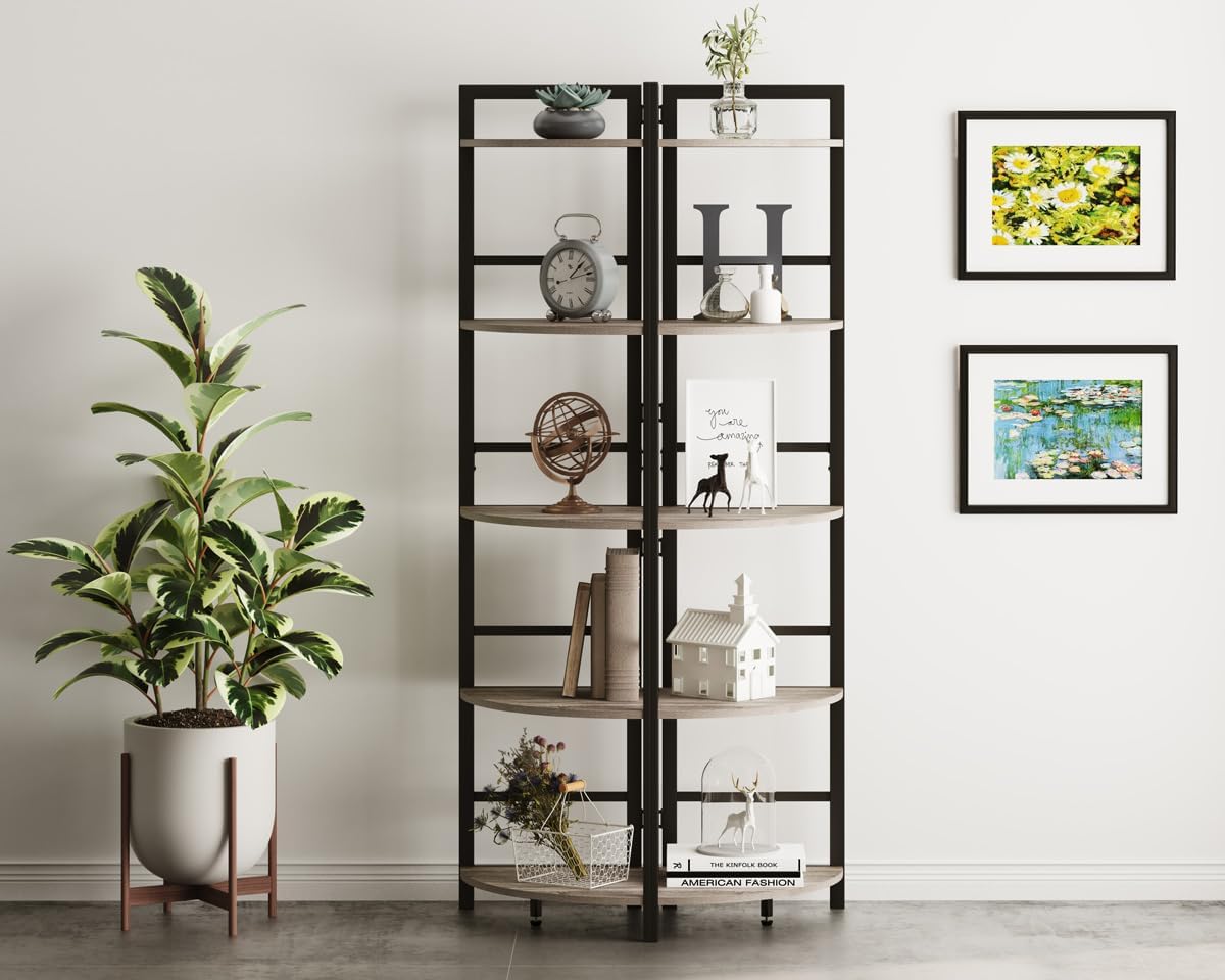 BON AUGURE Rustic Corner Shelf Stand, Tall Industrial Corner Bookshelf, Wood Metal 5 Tier Bookcase Shelves, Display Shelving Unit for Kitchen, Living Room (Dark Grey Oak)