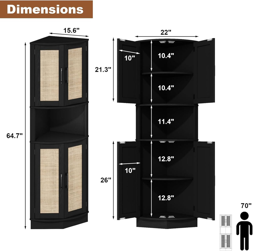 HOKYHOKY Tall Corner Cabinet, 64.7' Rattan Corner Storage Cabinet with 4 Doors and 5 Storage Shelves, Farmhouse Space Saver, Boho Shelf for Living Room, Kitchen, Bathroom, Office, Rustic Black