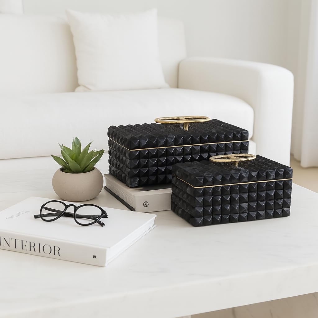 Decorative Jewelry Boxes for Home Decor – Elegant Keepsake and Storage Boxes with Lid – Studded Pattern Home Organizer for Living Room Decor, Bedroom, Office, or Shelf Set of 2 – 6' Gray & Gold