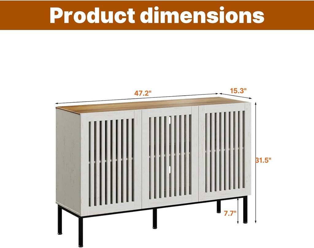 BVIUNTWO 47' Farmhouse Buffet Cabinet with Metal Base, Adjustable Shelves & 3 Doors, Antique White Storage Sideboard for Kitchen, Dining & Living Room