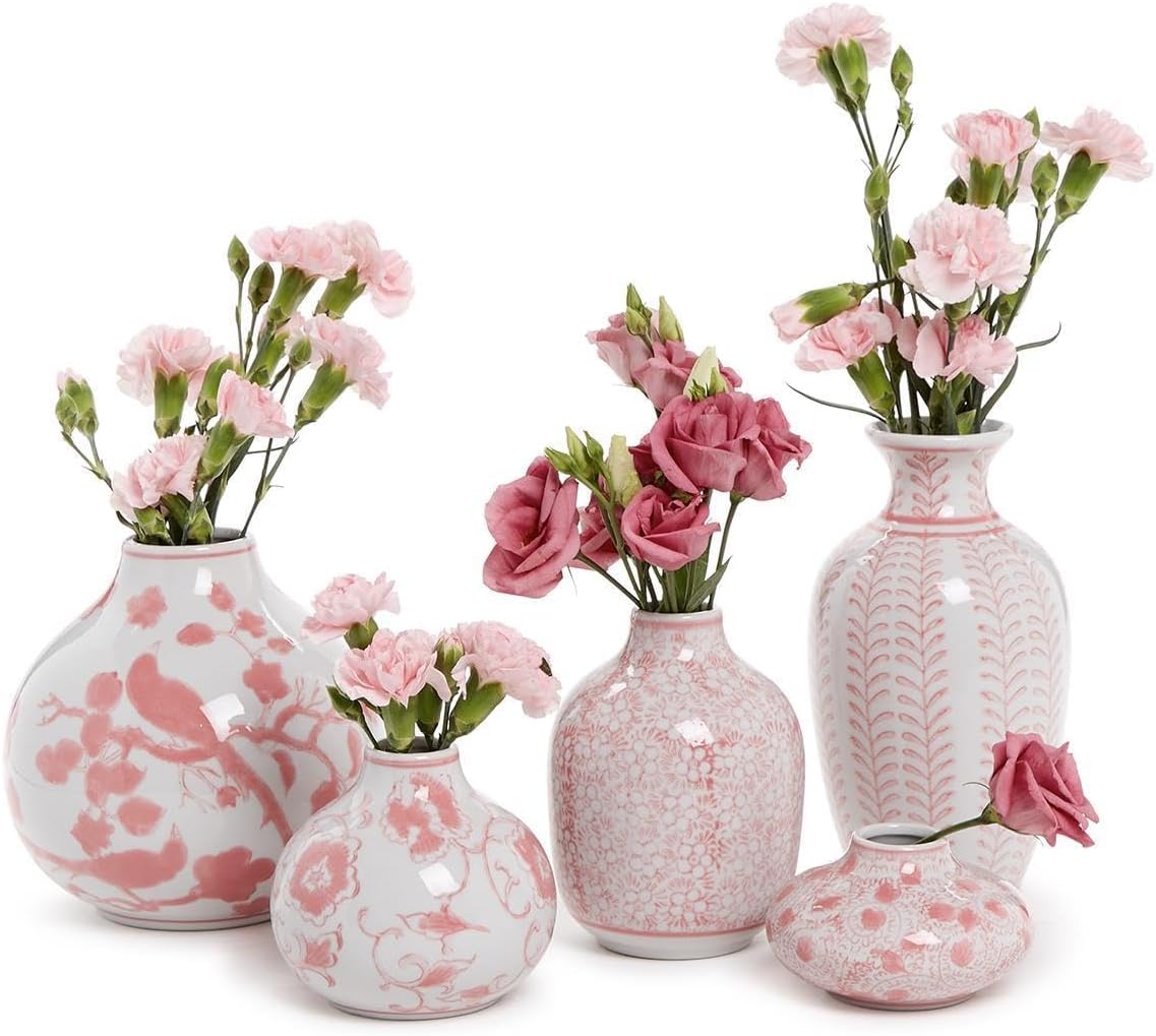 Two's Company Pink Chinoiserie Hand Painted Vase, Set of 5, Porcelain, Home Decor Accessories, 54698