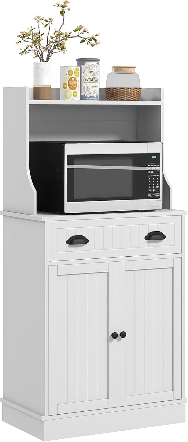 HOMCOM Microwave Cabinet with Storage Drawer, Double Door Cabinet and Adjustable Shelf, Buffet with Hutch and Cable Hole, Storage Cabinet for Kitchen, Dining Room, Living Room, White