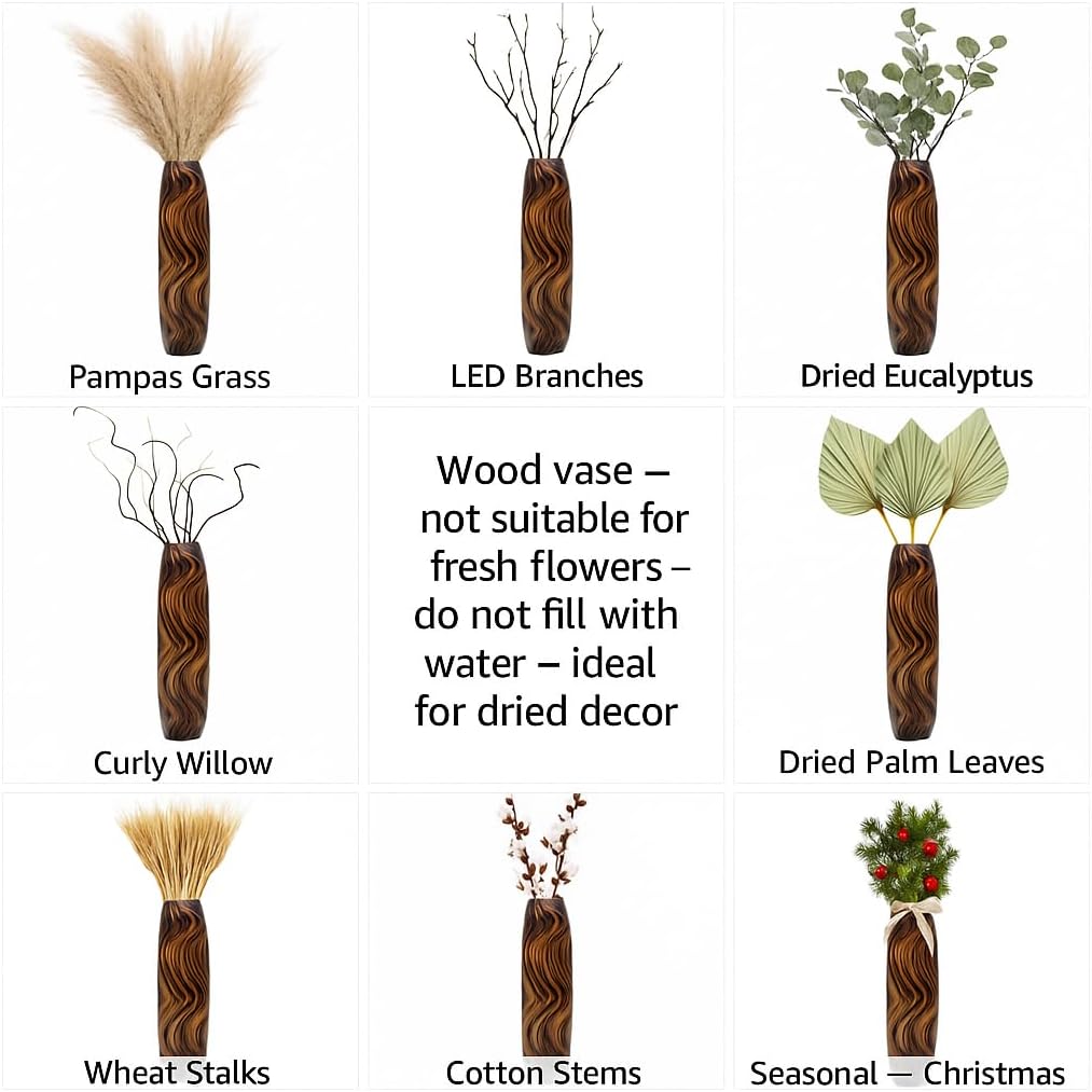 Leewadee Large Brown Home Decor Floor Vase - Wooden 26 inch Tall Farmhouse Decor Flower Holder for Fake Plant and Pampas Grass
