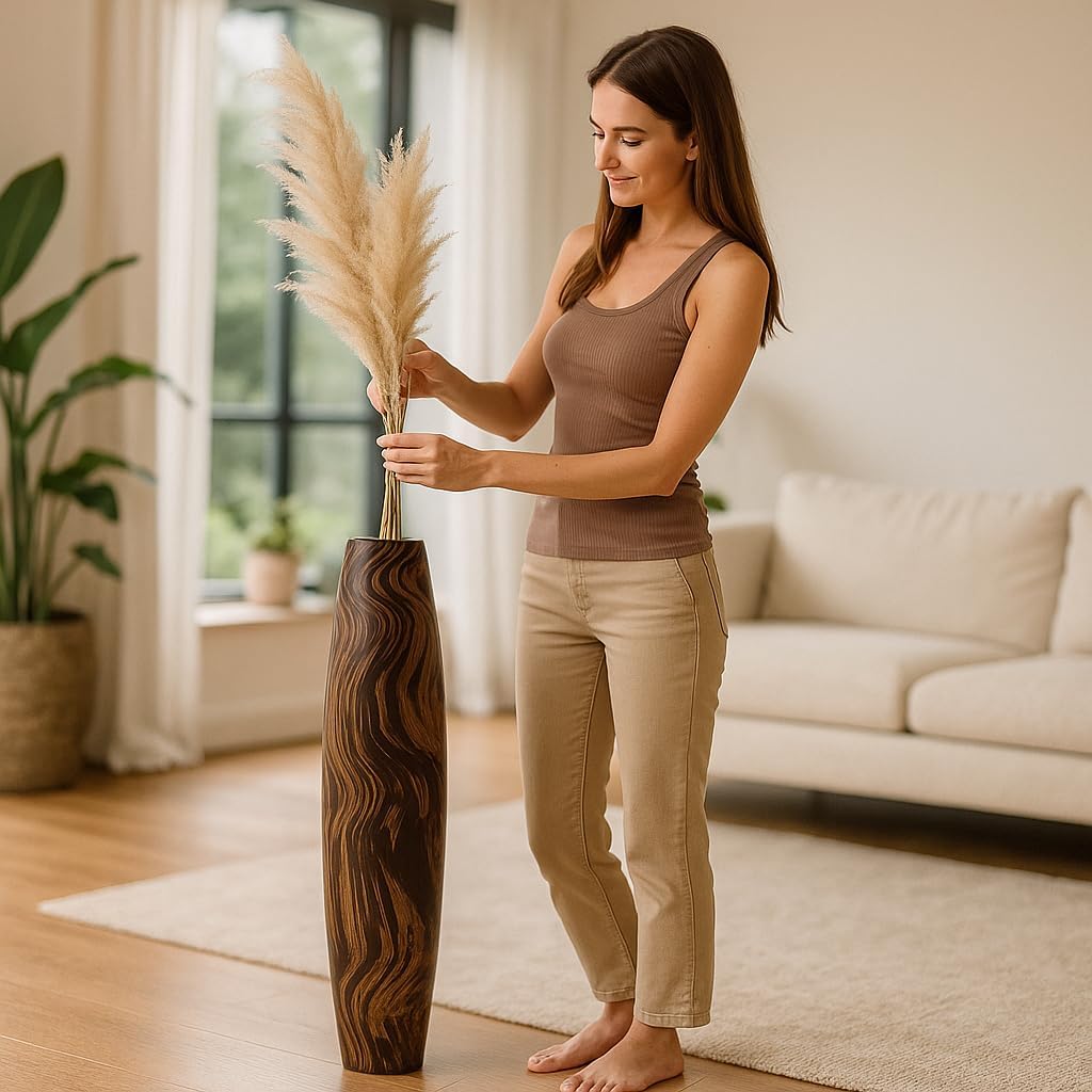Leewadee Large Brown Home Decor Floor Vase - Wooden 34 inch Tall Farmhouse Decor Flower Holder for Fake Plant and Pampas Grass