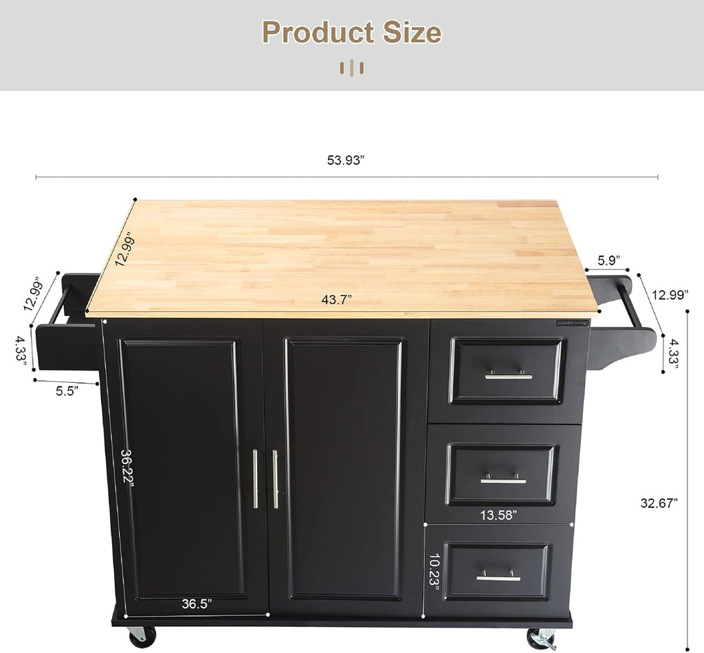 Kitchen Island with Extensible Rubber Wood Table Top Kitchen Bar Serving Cart Mobile Microwave Cart with Spice Rack and Handle Large Trolley Cart Kitchen Bakers Rack with Drawer and Storage Cabinet