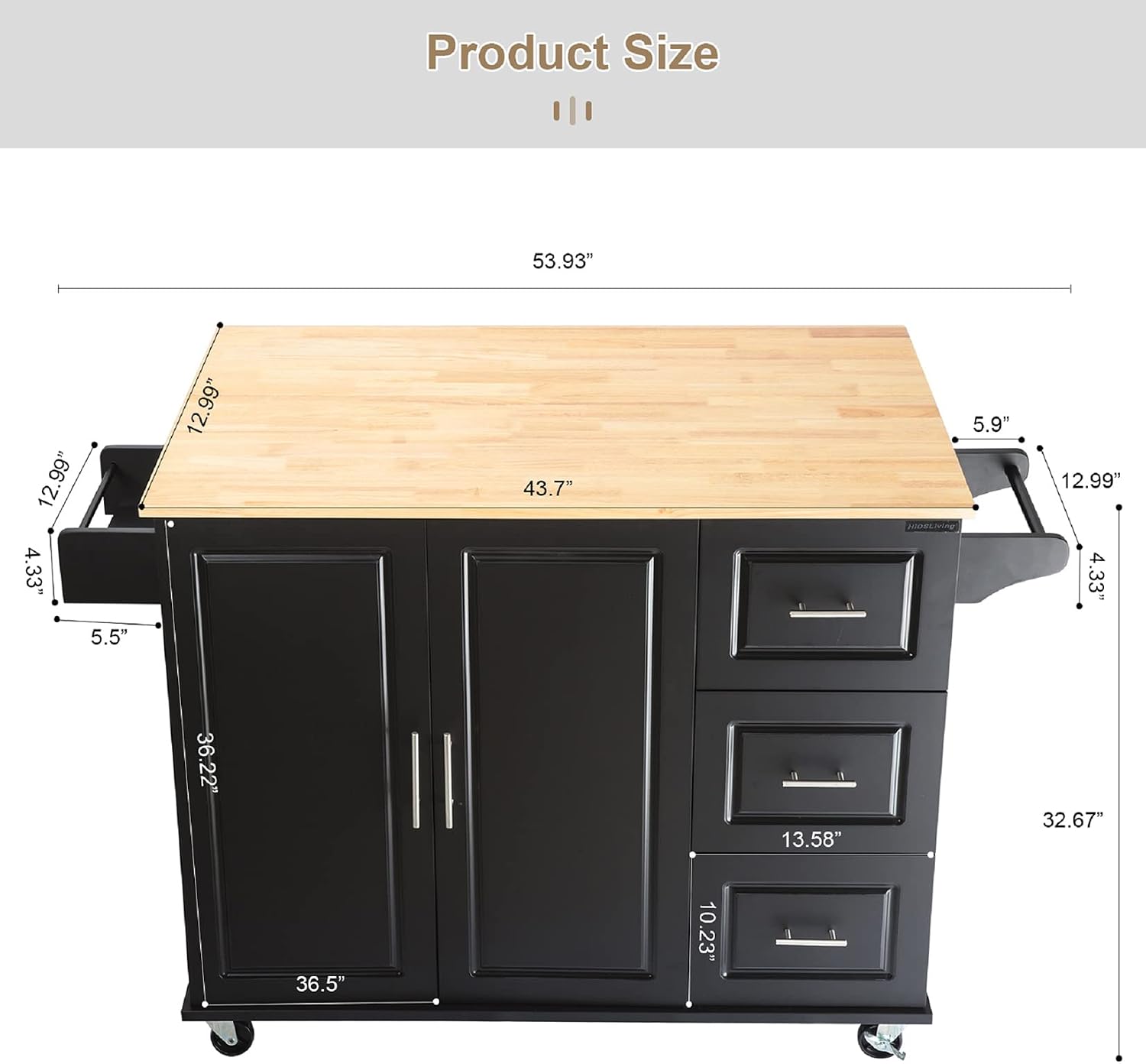Kitchen Island with Extensible Rubber Wood Table Top Kitchen Bar Serving Cart Mobile Microwave Cart with Spice Rack and Handle Large Trolley Cart Kitchen Bakers Rack with Drawer and Storage Cabinet