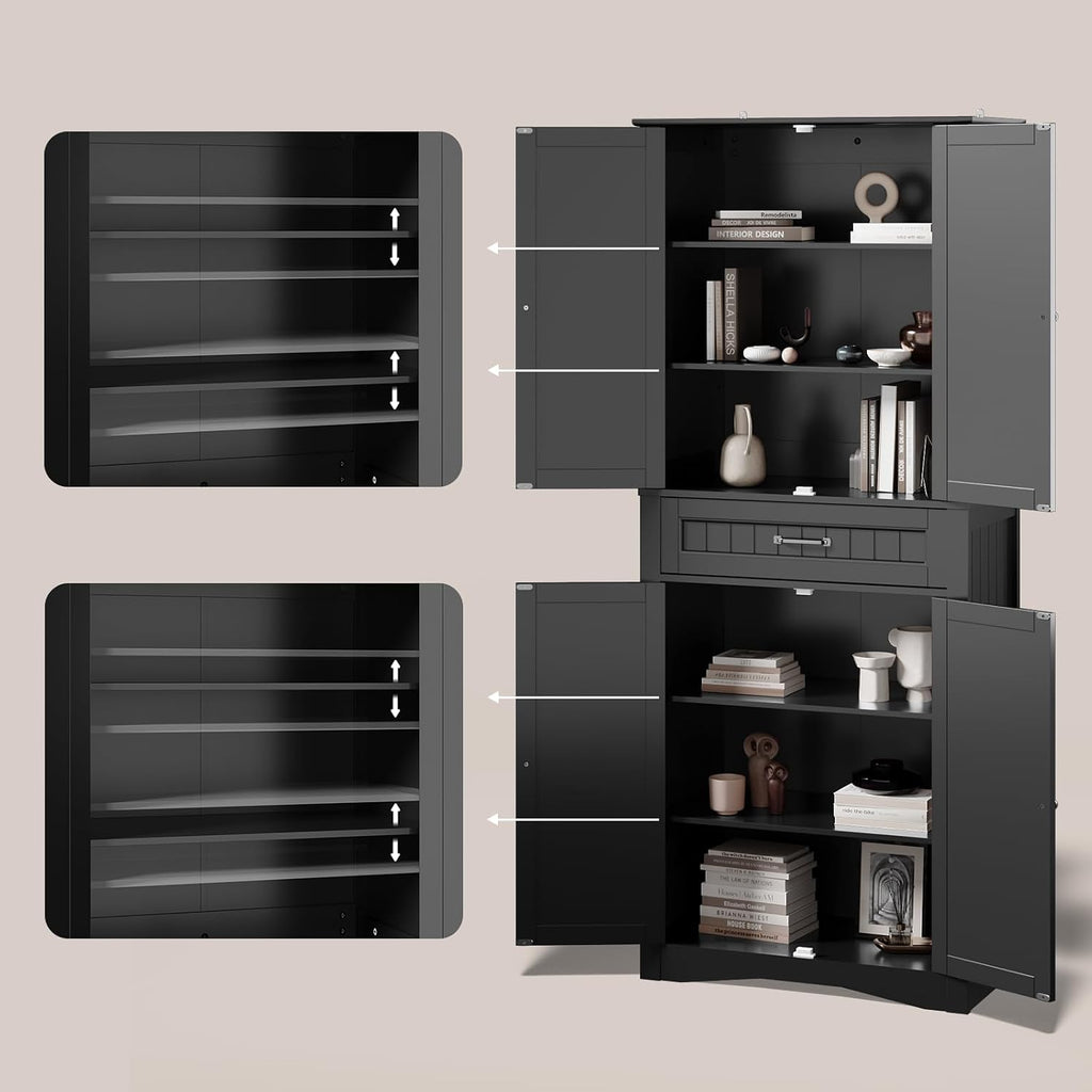 Gizoon 71'' Kitchen Pantry Storage Cabinet, Freestanding Pantry Organizers and Storage Cabinet with 4 Doors and 4 Adjustable Shelves, Tall Cabinet with Large Drawer for Kitchen, Living Room, Bathroom