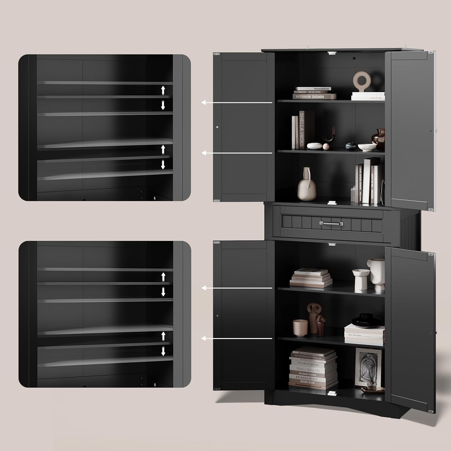 Gizoon 71'' Kitchen Pantry Storage Cabinet, Freestanding Pantry Organizers and Storage Cabinet with 4 Doors and 4 Adjustable Shelves, Tall Cabinet with Large Drawer for Kitchen, Living Room, Bathroom