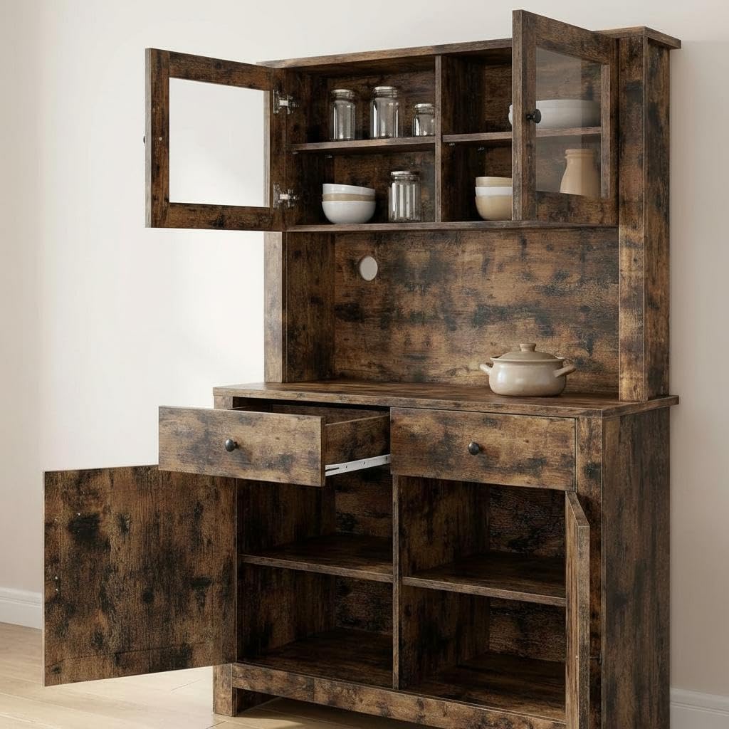 IDEALHOUSE 63' Kitchen Pantry Cabinet with Drawers, Hutch Cabinet with Storage, Microwave Stand, Adjustable Shelves, Freestanding Tall Pantry Storage for Dining Room, Living Room, Rustic Brown
