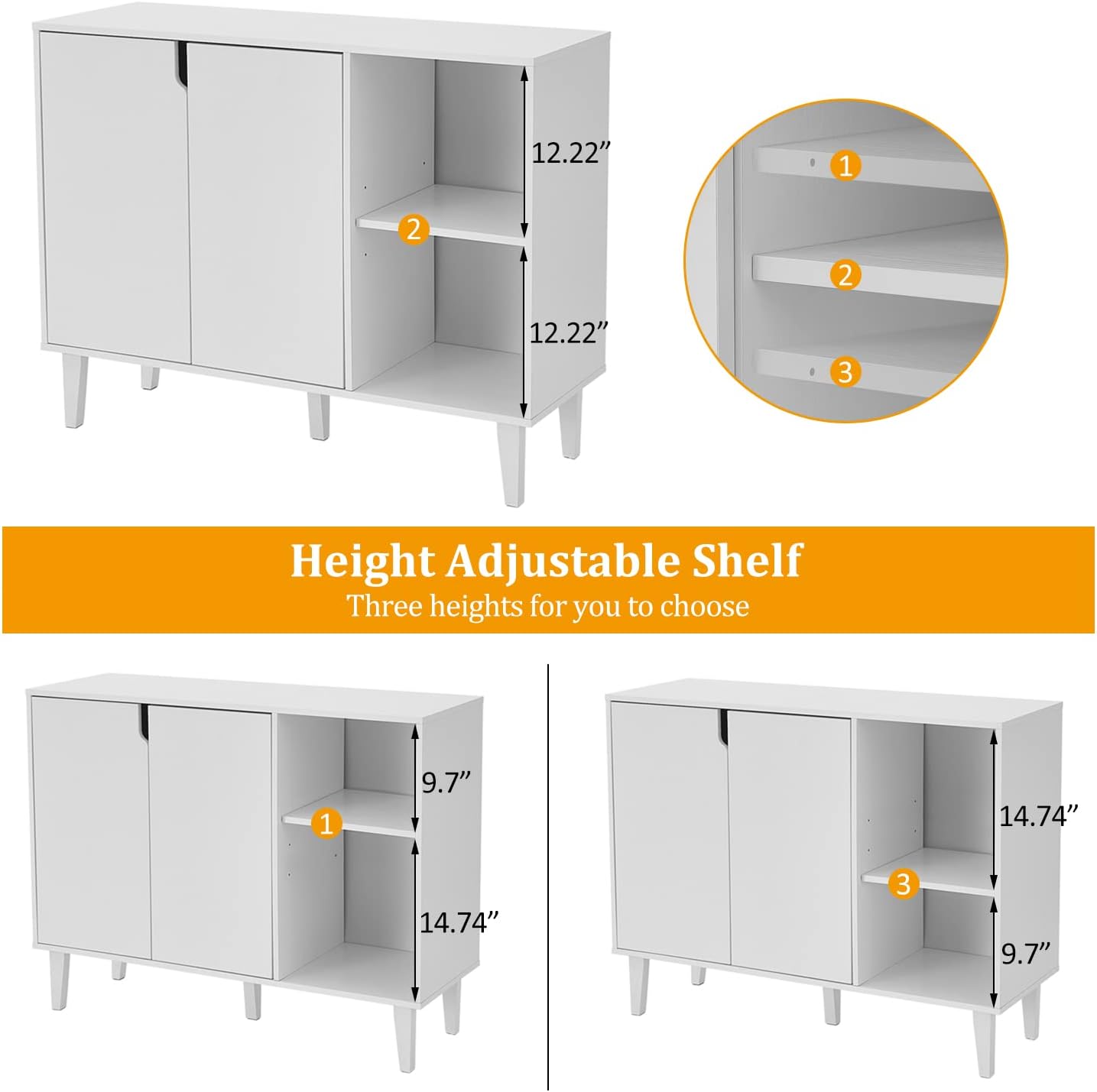 Panana Kitchen Buffet Cabinet Storage Sideboard with 2 Doors 2 Shelves, 41.8' L x 15' W x 32.5' H (White)