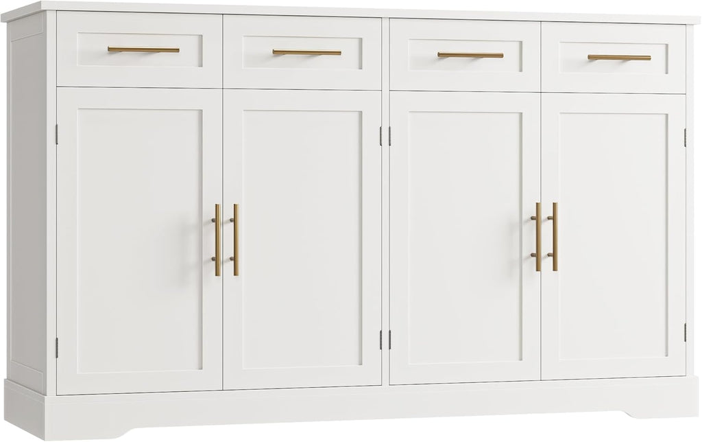 HOSTACK 60' Large Buffet Sideboard with Storage, 36' Tall Kitchen Buffet Storage Cabinet with 4 Drawers, Modern Coffee Bar Cabinet with Gold Handles, Long Sideboard Buffet Table for Kichen, White