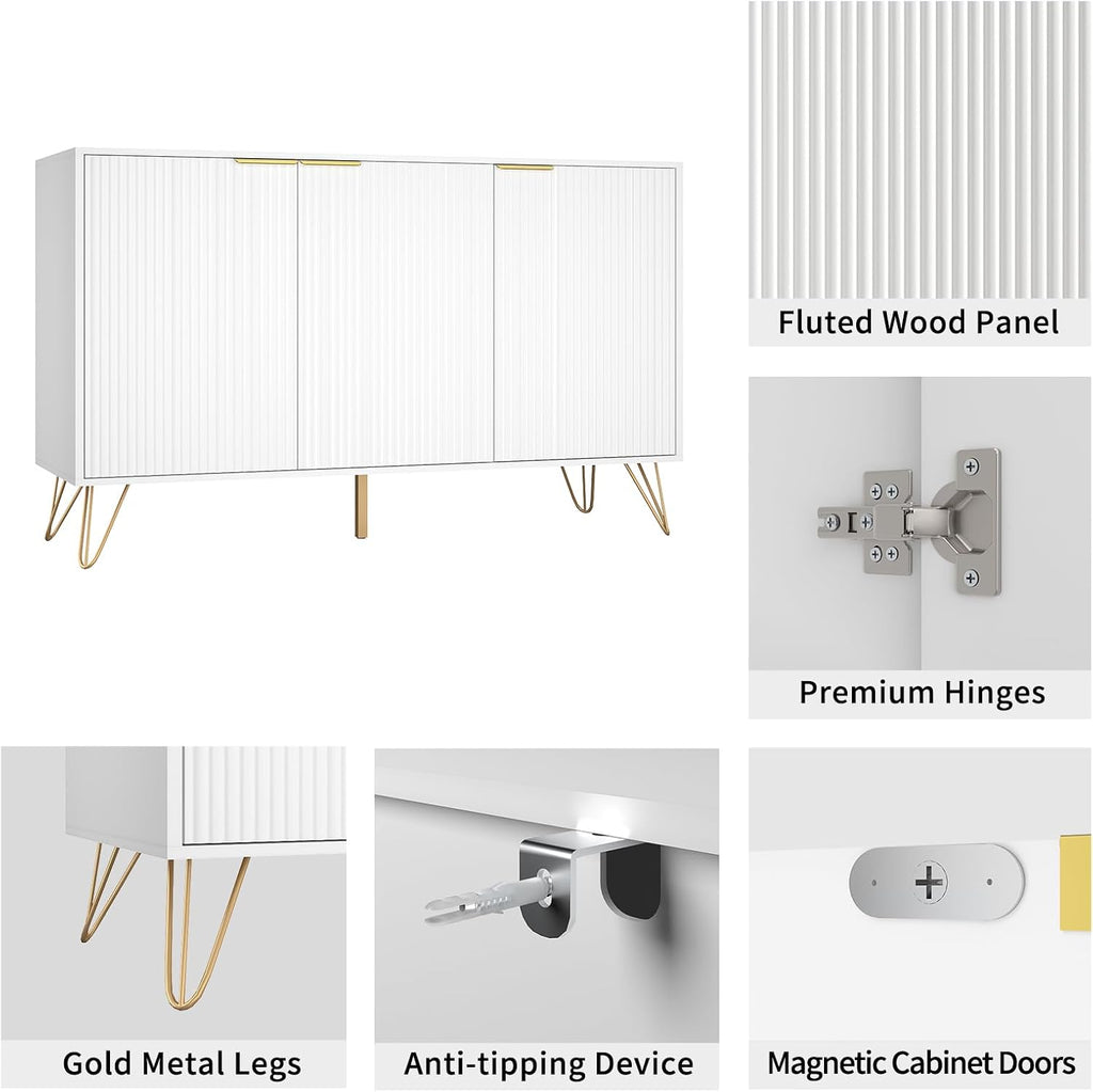 Storage Cabinet with 3 Doors, Buffet Cabinet with Storage, Sideboard Coffee Bar Cabinet with Metal Legs and Adjustable Shelf for Kitchen, Dining Room, Living Room, Office, White