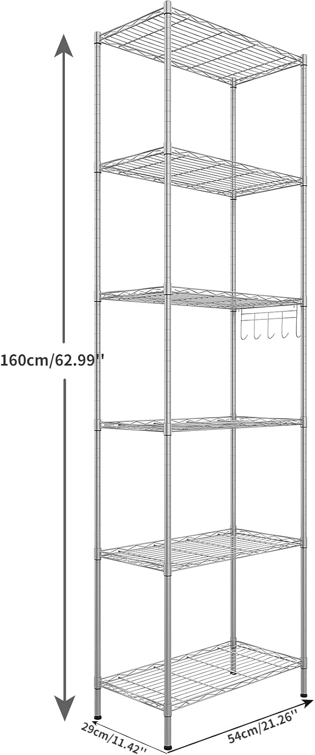 Himimi 6 Tier Storage Shelf Wire Shelving Unit Adjustable Rack Free Standing Organization with Leveling Feet, Stainless Side Hooks for Laundry Bathroom Kitchen Pantry Closet,2-Pack Shelves,Silver