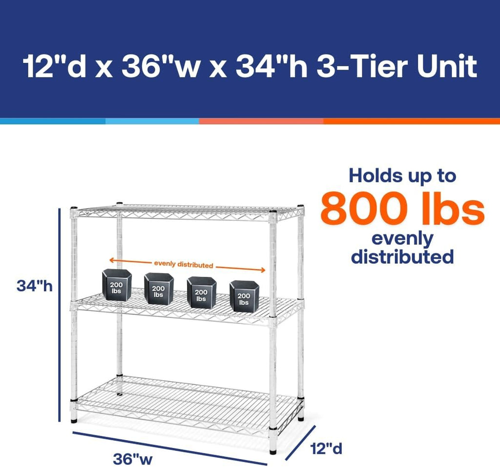 Shelving Inc. 12' d x 36' w Chrome Wire Shelving with 3 Tier Shelves, Weight Capacity 800lbs Per Shelf