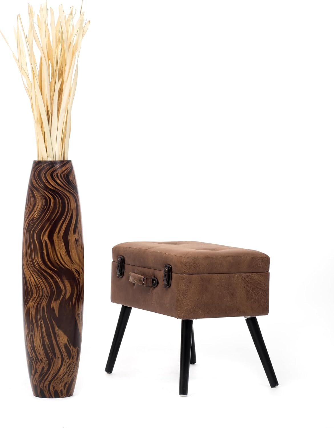Leewadee Large Brown Home Decor Floor Vase - Wooden 26 inch Tall Farmhouse Decor Flower Holder for Fake Plant and Pampas Grass