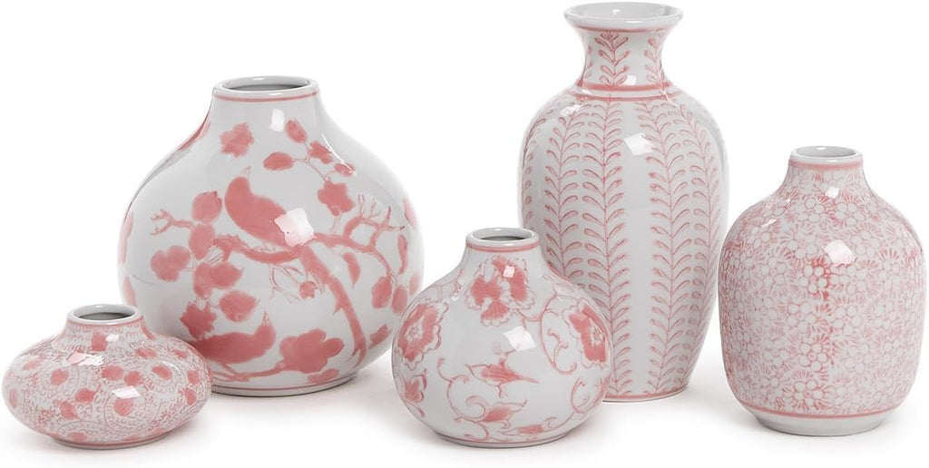 Two's Company Pink Chinoiserie Hand Painted Vase, Set of 5, Porcelain, Home Decor Accessories, 54698