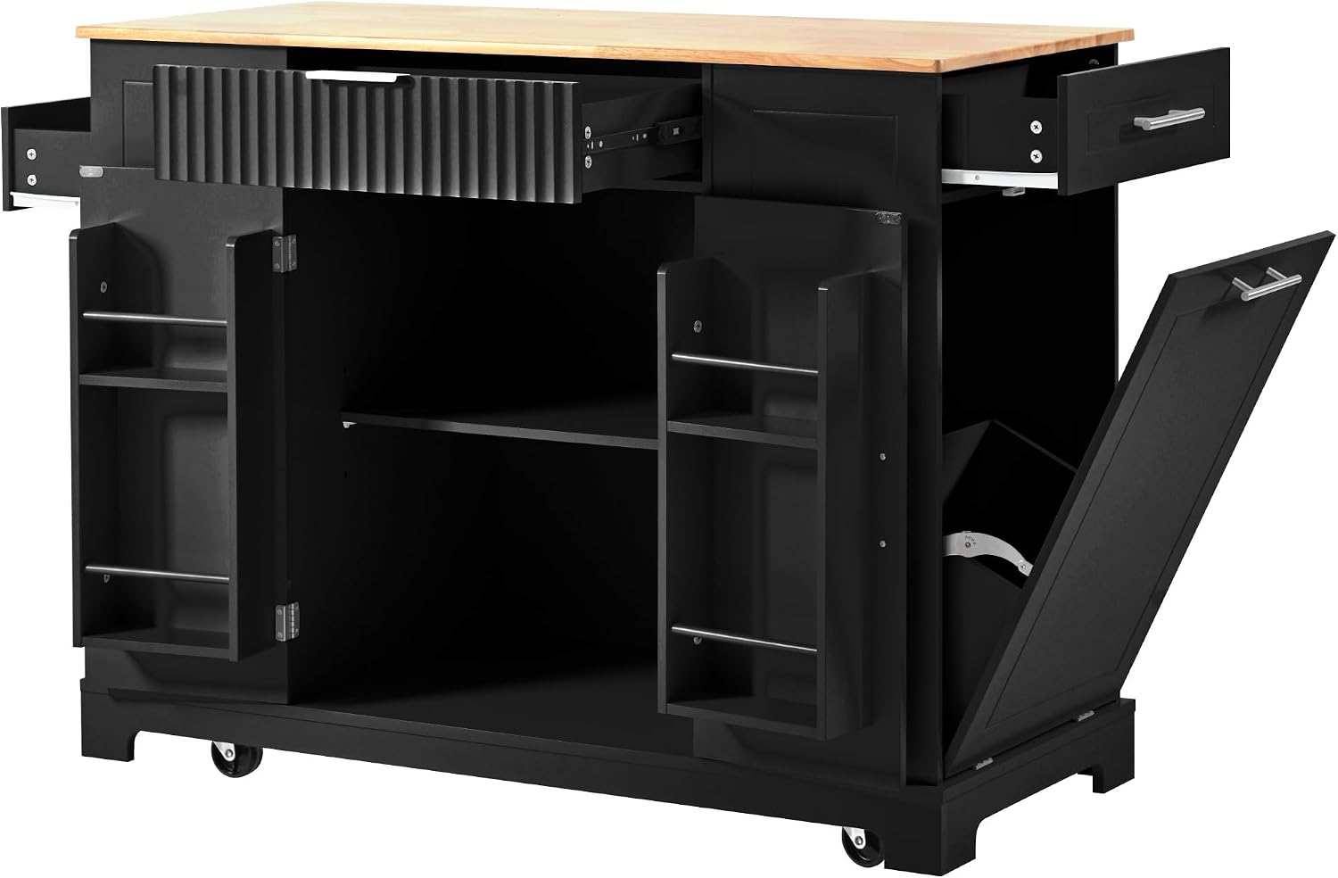 LUMISOL Kitchen Cart on Wheels with Trash Can Storage Cabinet, for 10 Gallon Garbage Bin, Rolling Kitchen Island with Internal Storage Rack, Power Outlet, 3 Drawers and Open Side Racks, Black