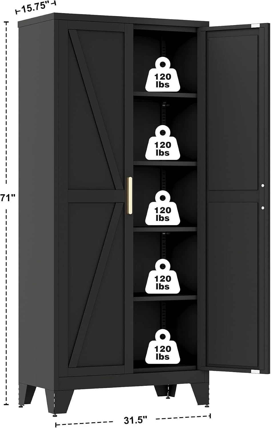 QINPTWUT 71' Metal Storage Cabinet with Doors and Shelves, Tall Pantry Cabinet in Black with 2 Doors & 4 Adjustable Shelves, All-Steel Farmhouse Cupboard for Kitchen, Living Room,Home Office,Garage