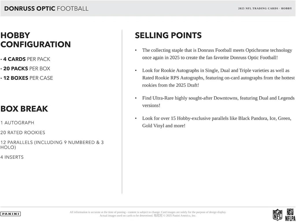 2025 Panini Donruss Optic Football Hobby Trading Card Box (1 Autograph Per Box)