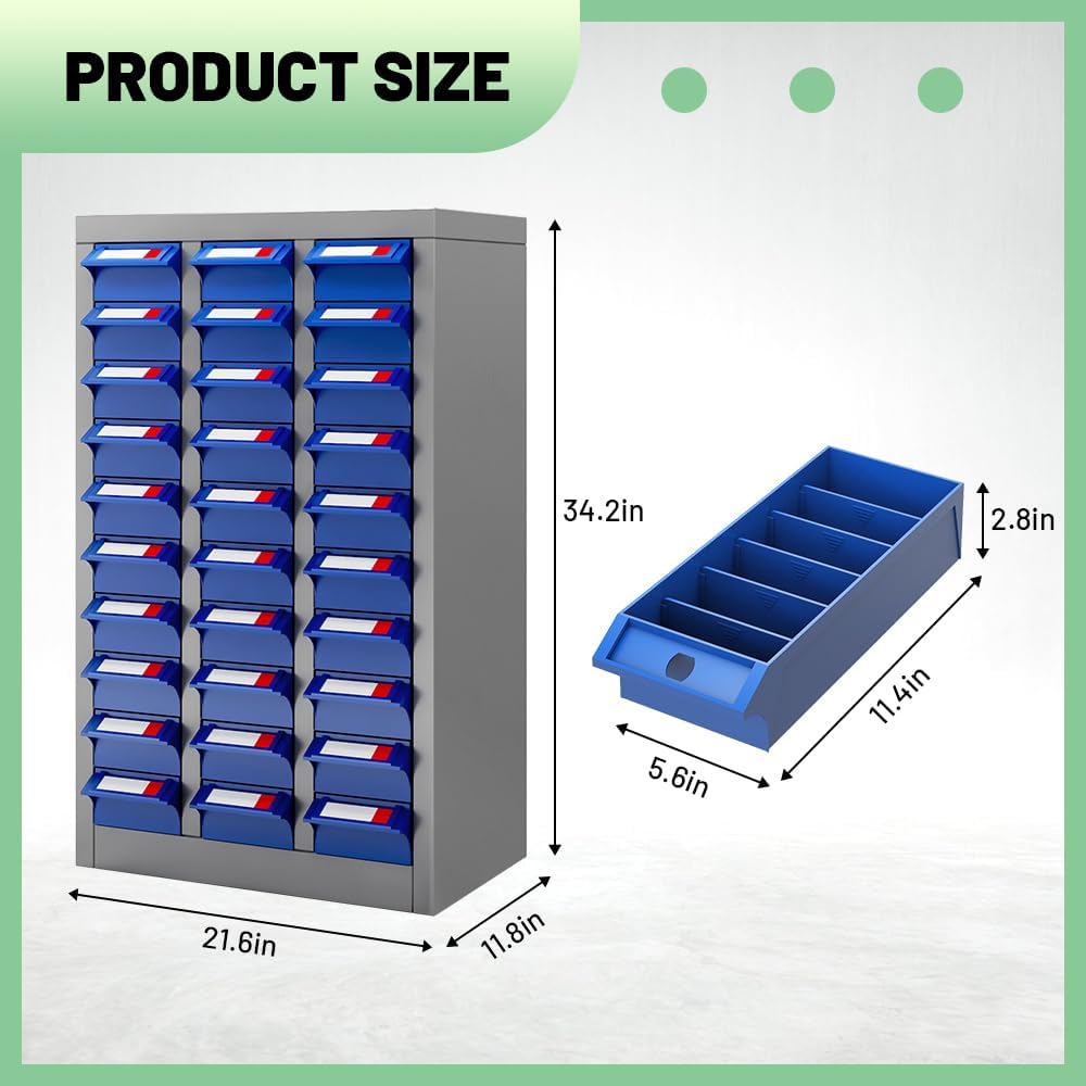 Yeeoy 30 Large Drawers Parts Cabinet, Bolt and Nut Tool Storage Cabinet, Steel Parts Organization Shelves with Large Drawers & Labels for Tool Hardware Storage, Grey