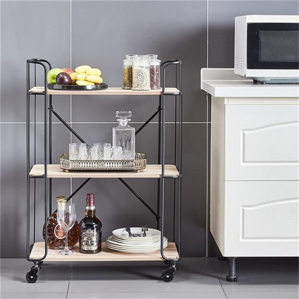 Kitchen Cart 3-Tier Utility Cart Vintage Rolling Bakers Rack Bookshelf Storage Shelf for Living Room