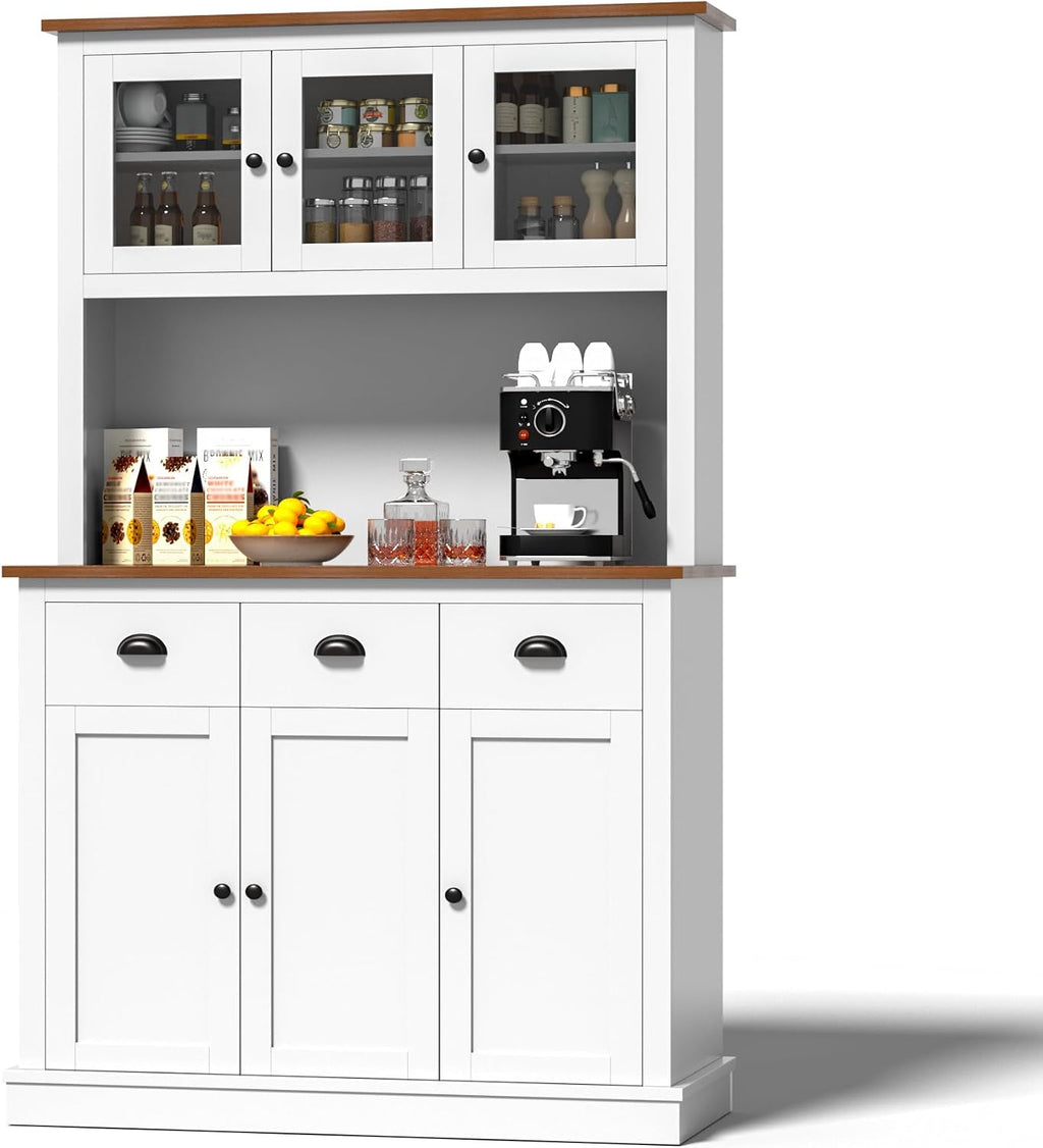 MU 71' Kitchen Pantry Cabinet with Charging Station, Tall Pantry Hutch with Drawers, Countertop & Microwave Shelf, Food Storage Cabinet for Dining Room & Coffee Bar, White