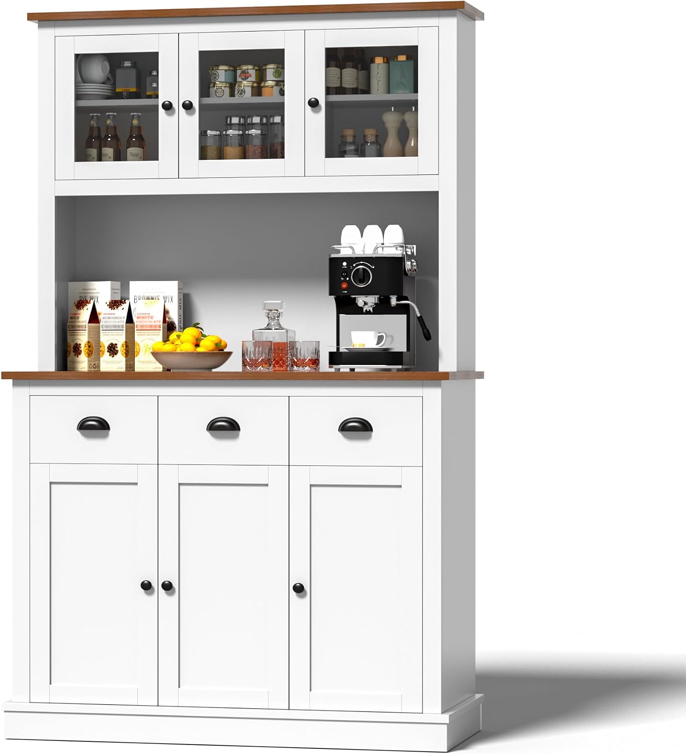 MU 71' Kitchen Pantry Cabinet with Charging Station, Tall Pantry Hutch with Drawers, Countertop & Microwave Shelf, Food Storage Cabinet for Dining Room & Coffee Bar, White