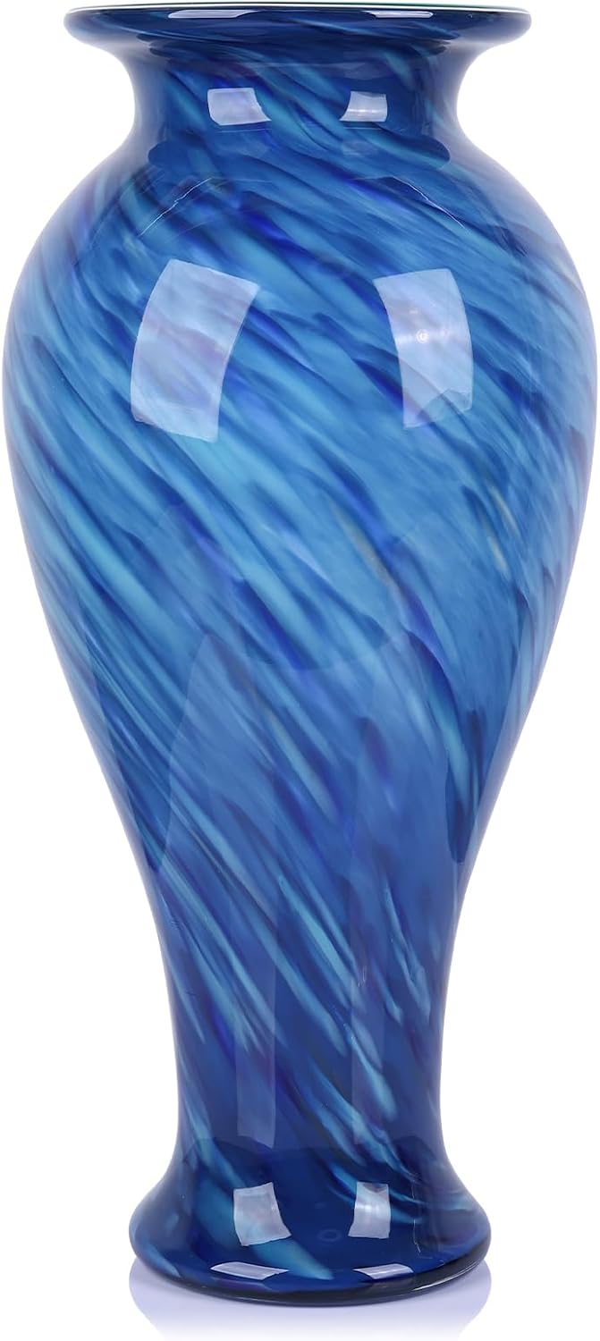 20' Tall Blue Glass Vase Hand Blown Large Floor Glass Vase Home Decor, Pretty Modern Dark Blue Flowers Vases, Jarrones Grandes para Sala Elegantes, Large Vases for Living Room Wedding Decor