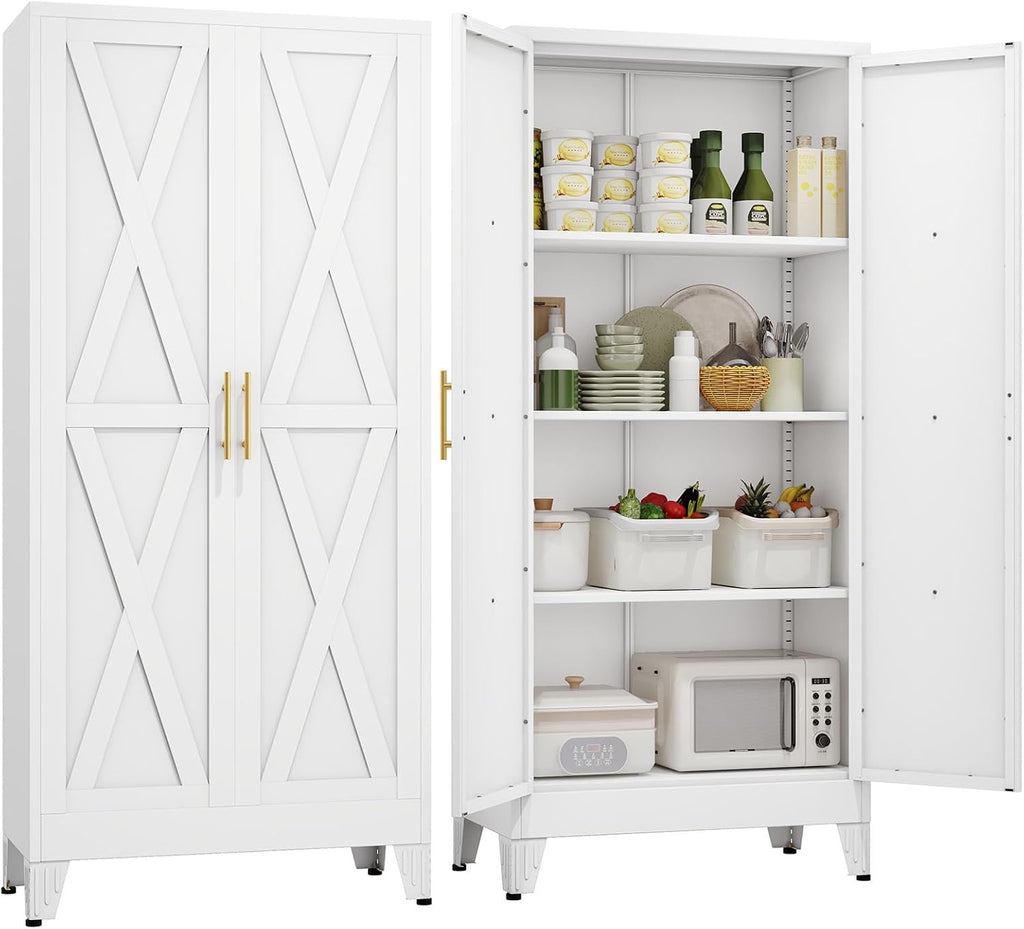 61' H Metal Kitchen Pantry Storage Cabinet, Freestanding Cupboard with 2 Doors and 3 Adjustable Shelves, Standing Storage for Kitchen, Bathroom, Garage, Dinning Room or Utility Room（White）