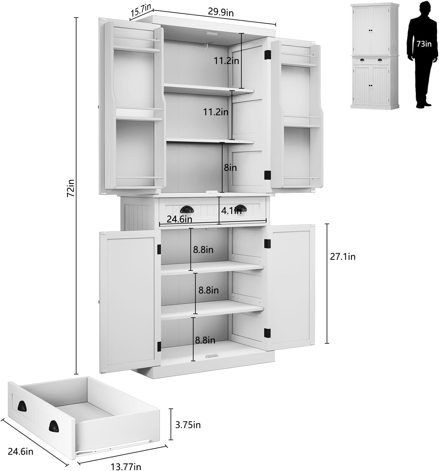ARTPOWER 72' Pantry Storage Cabinet with Drawer, Freestanding Tall Cupboard Storage Cabinet, Utility Pantry with Door Shelves and 2 Adjustable Shelves for Kitchen, Dining Room,Living Room, White