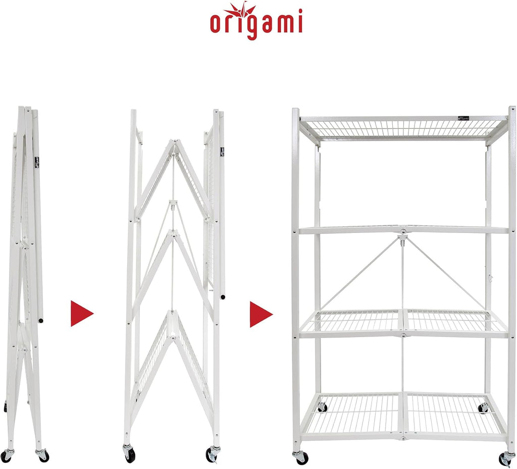 Origami 4-Pack R5 Storage Rack, 4-Tier Heavy-Duty Foldable Steel Shelf with Wheels, White
