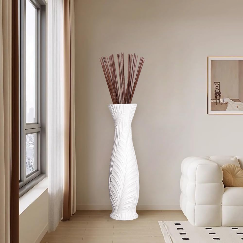 Tall White Floor Vase 30 Inches, Handmade Large Modern Ceramic Vases for Home Decor Living Room, Feather Pattern Decorative Vases Wide Mouth Opening Corner Vase for Pampas Grass