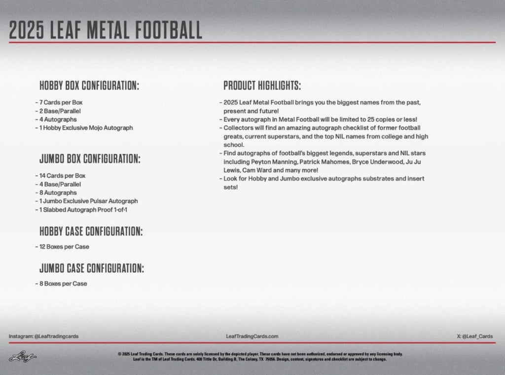 2025 Leaf Metal Football Hobby Box