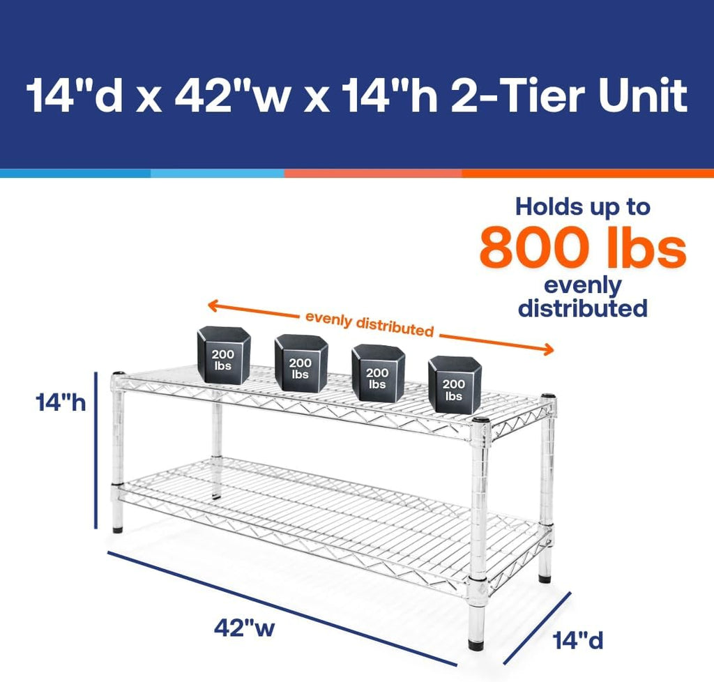Shelving Inc. 14' d x 42' w Chrome Wire Shelving with 2 Tier Shelves, Weight Capacity 800lbs Per Shelf