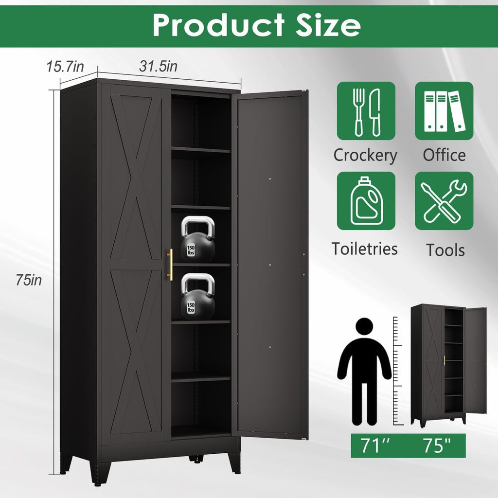 pozdeg 75' Tall Metal Kitchen Pantry Storage Cabinet with 2 Doors and 5 Adjustable Shelves, White Food Freestanding Cupboard for Kitchen, Dining Room, Bathroom and Garage (Black)