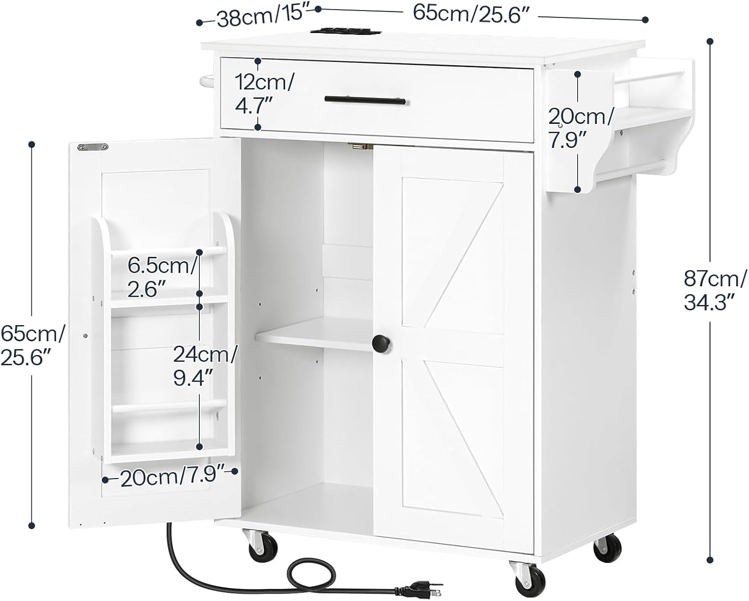 HOOBRO Kitchen Island with Power Outlet, Kitchen Storage Island with Large Worktop, Spice Rack and Drawer, Rolling Kitchen Island Cart on Wheels, for Kitchen and Dining Room, White WT88UZD01