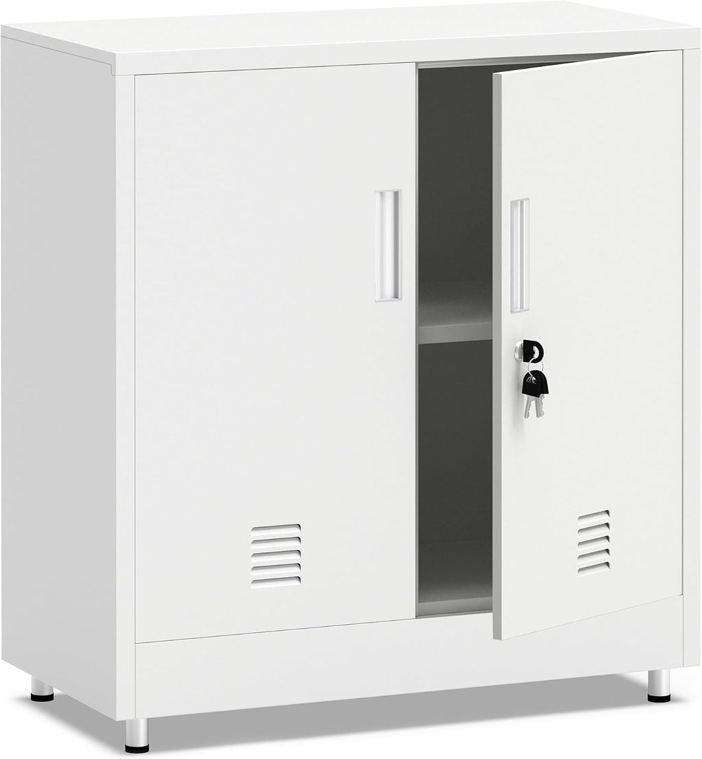 Metal Storage Cabinet with Locking Doors and Adjustable Shelf, Small Lockable Sideboard Buffet Cabinet for Home, Office, Entryway, Hallway, Living Room, Kitchen and Dining Room, White