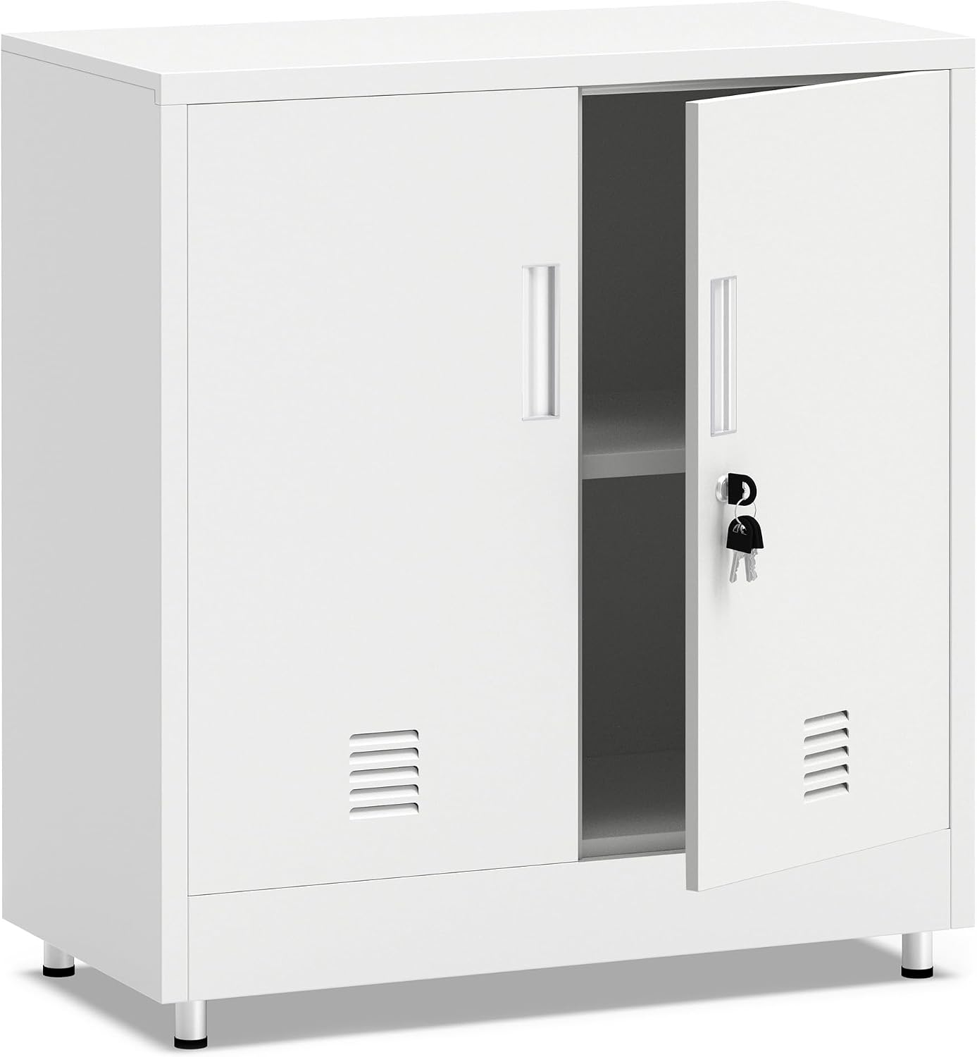 Metal Storage Cabinet with Locking Doors and Adjustable Shelf, Small Lockable Sideboard Buffet Cabinet for Home, Office, Entryway, Hallway, Living Room, Kitchen and Dining Room, White